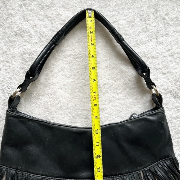 KATHERINE KWEI Black Leather And Metallic Fringe Hobo Purse Trendy Chic - Picture 9 of 11